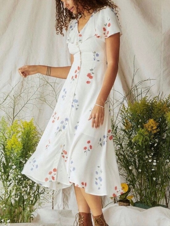 Christy Dawn Dresses & Skirts - Christy Dawn White Floral Button-Front Midi Dress with Ruffle Collar